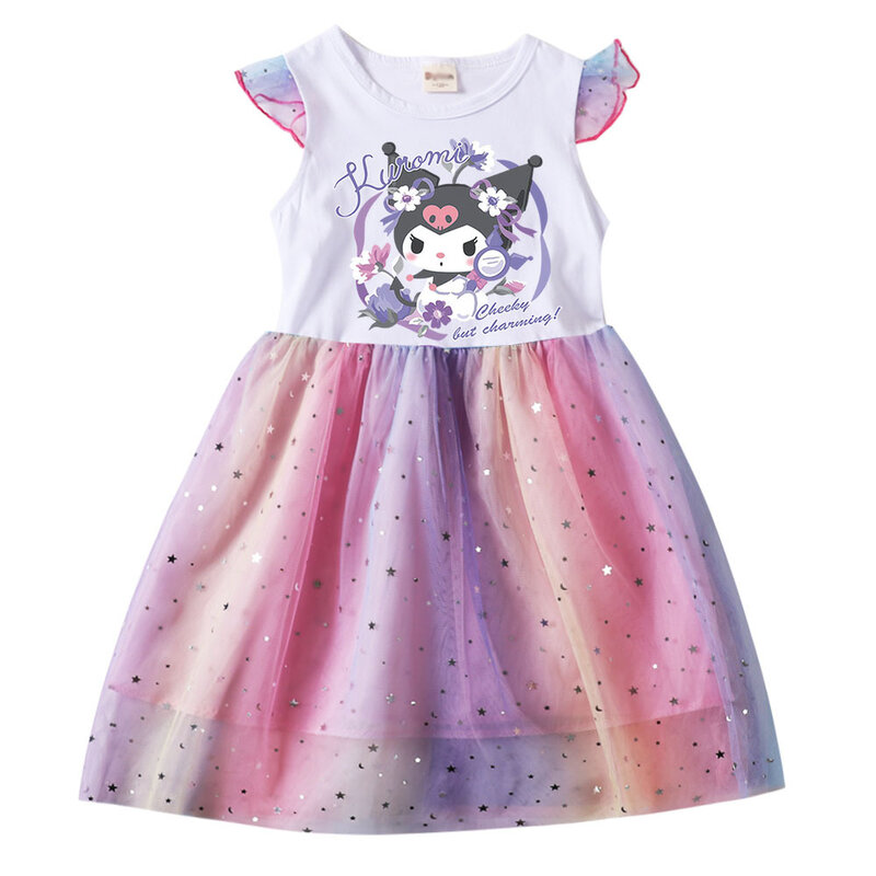 Sommer Sanrio Prinzessin Kleid für Mädchen neue Kinder Kuromi fliegende Ärmel Regenbogen Mesh Pailletten Kleider Kinder Party kleidung