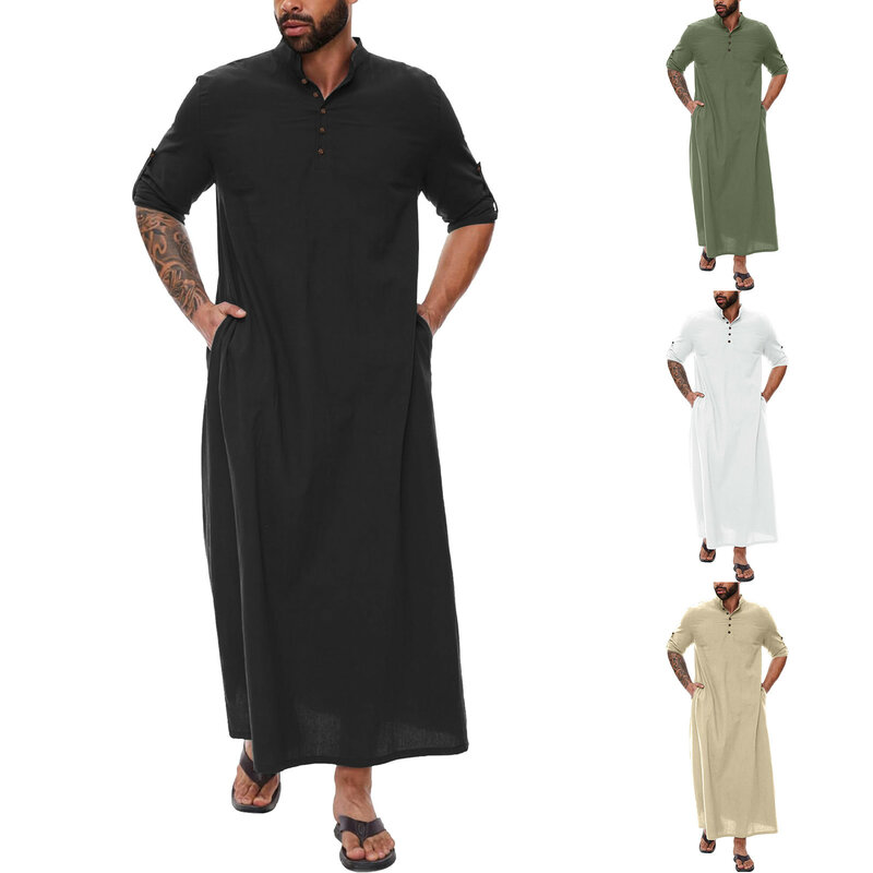Jubah Muslim pria gaya Arab Timur Tengah sederhana dengan desain kancing celah samping lengan panjang jubah Islam Arab Dubai