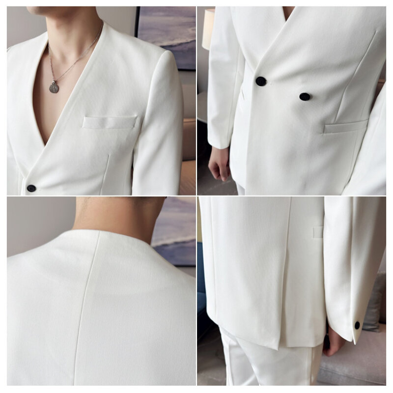 Sexy Collarless Suit Two-Piece Suit ~ Fashion Seamless V-neck Design Sense Trendy Handsome Thin Suit
