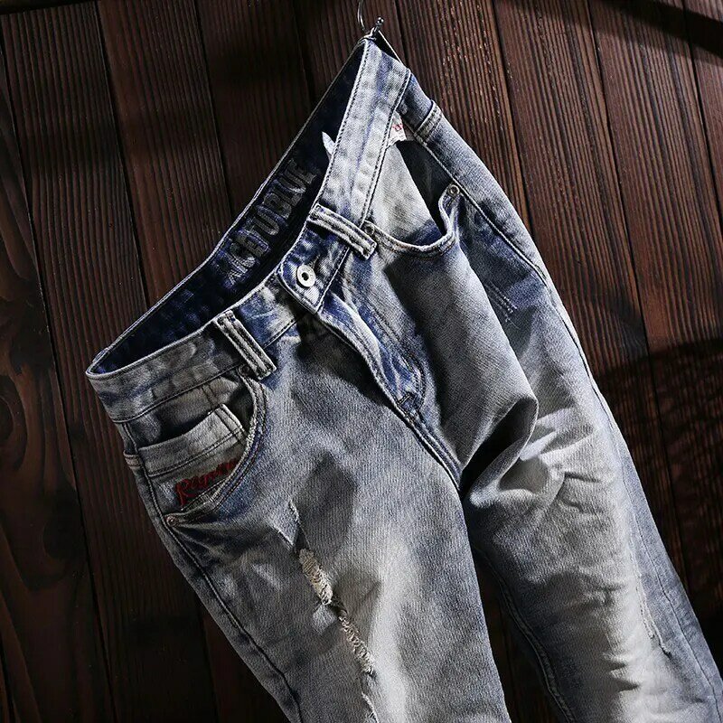 Jeans rasgado elástico azul claro para homens, calças jeans elásticas, calças slim fit, estilista, vintage, moda de rua, alta qualidade