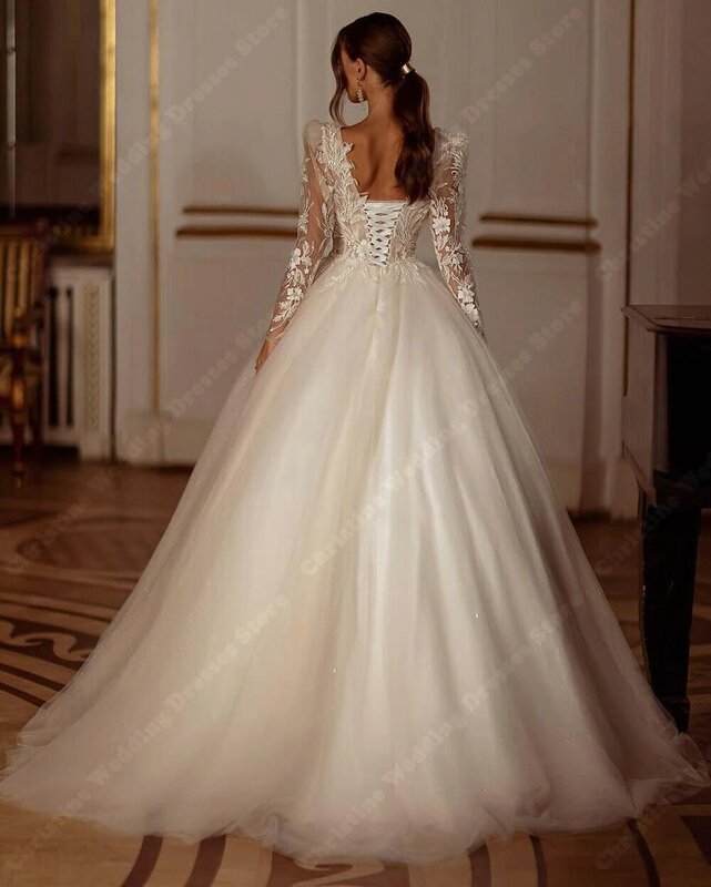 Abiti da sposa con applicazioni in pizzo a maniche lunghe abiti da sposa eleganti a-line Custom Made Classic Lace Up Small Train Vestido De Noiva
