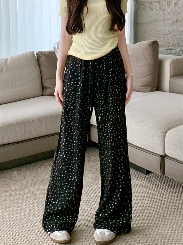 PLAMTEE M-XL Women Straight Trousers Chic Loose 2024 New Casual Wide Leg Printed Florals Daily Office Lady Summer Pants