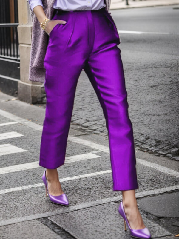 Celana ukuran Plus ungu, celana panjang pesta koktail malam berkilau jalanan tinggi pinggang elastis 3XL 4XL dengan saku untuk wanita baru 2024