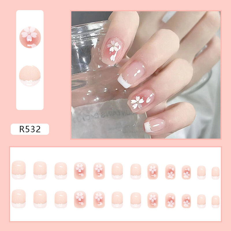 Sweet Mountain Tea Wearable Pink Press On Fake Nails Tips With Glue false nails design Butterfly Lovely Girl false nails