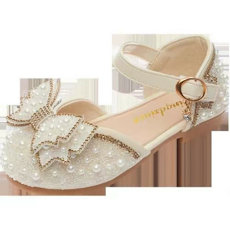 Sandalias con lazo y lentejuelas para niña, zapatos de princesa con tacón plano, talla 21-36, 2024
