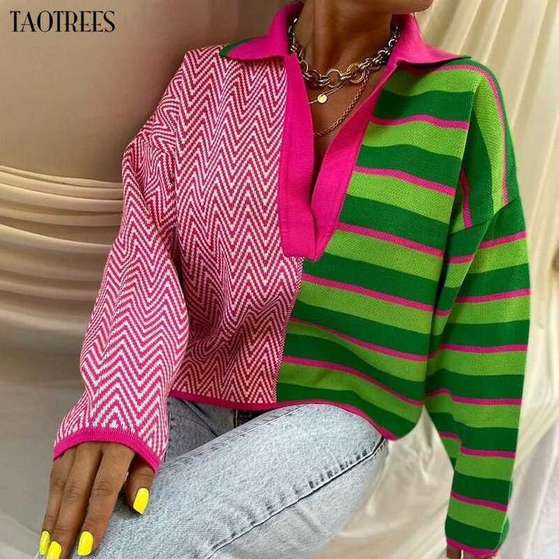 Taotrees damski sweter z dzianiny z długim rękawem Colorblock sweter w paski i wzór fali sweter z klapami Jumper