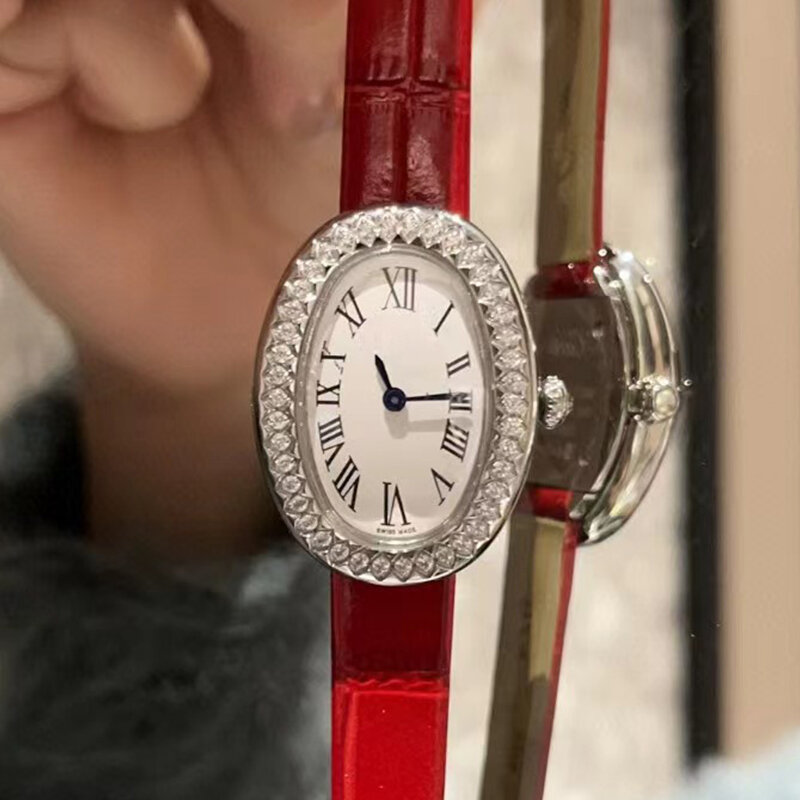 Relógio oval de aço com diamante feminino, espelho de cristal, relógio de quartzo prateado, estilista de luxo, novo, 2024