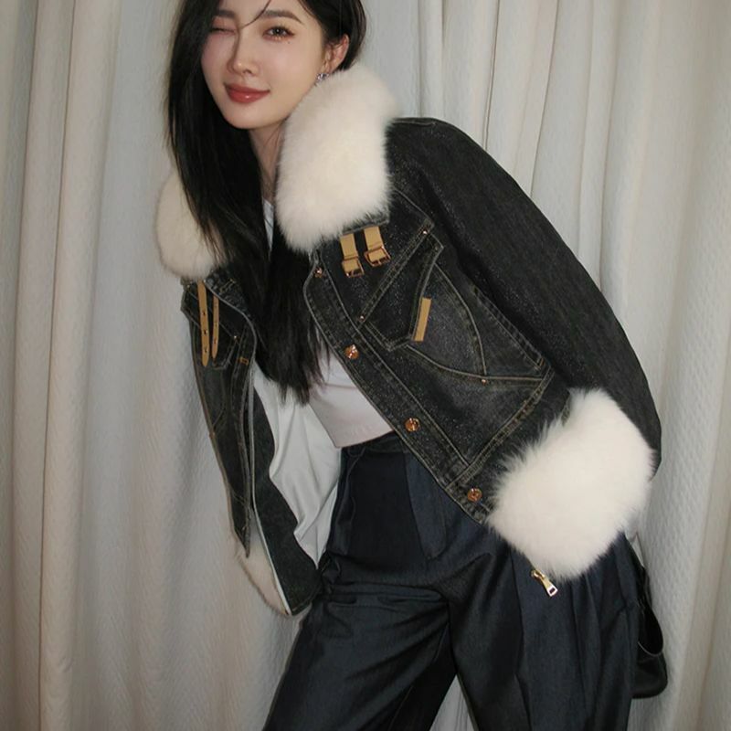 여성용 데님 코트, 캐주얼 지퍼 다운 재킷, 진짜 여우 모피 칼라, 세련된 코트, 겨울 패션