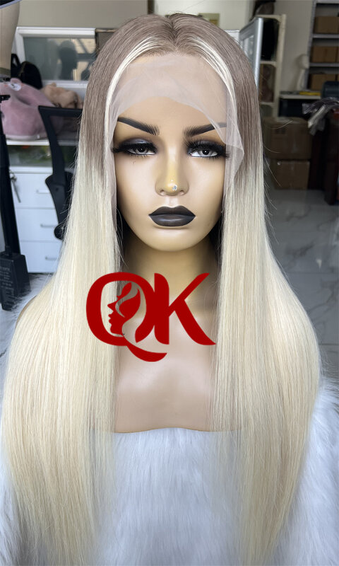 QueenKing hair 13*6 Wig 180% Density Ombre ASH Blonde Lace Front Wig Silky Straight Preplucked Hairline Brazilian Human Hair