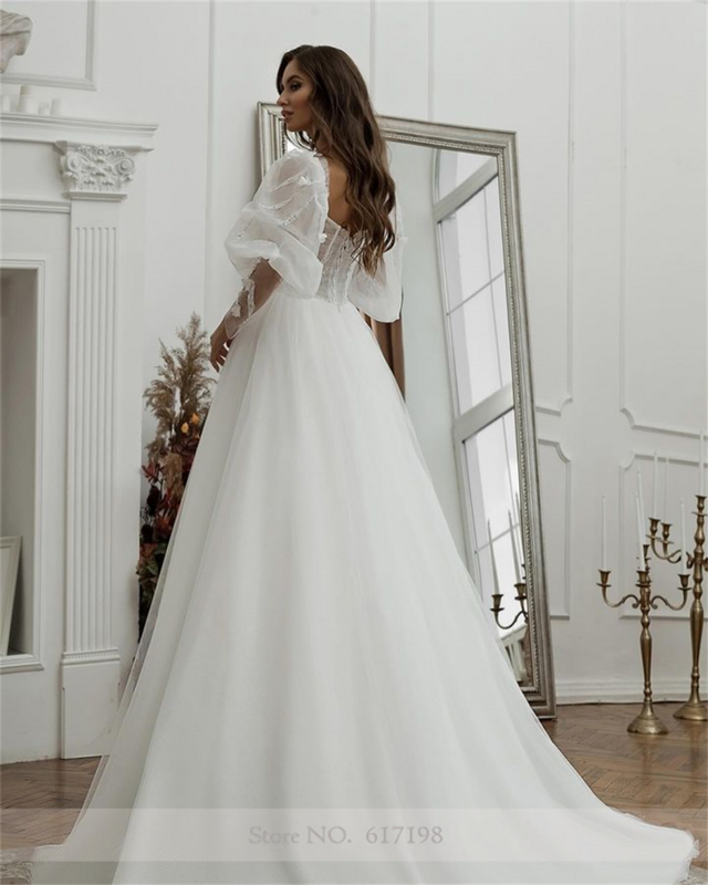 Elegante vestido de novia de encaje de tul para mujer, corte de línea a, manga larga abullonada, vestidos de fiesta de boda