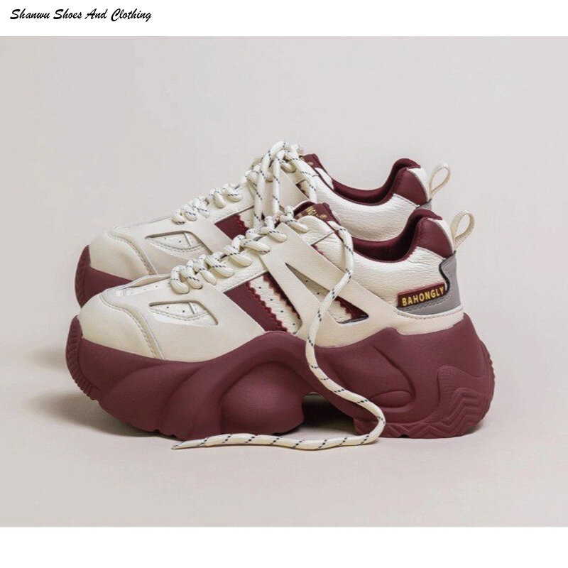 Matsuke sepatu Ayah merah anggur, alas kaki tebal kasual serbaguna jalanan Amerika 2024 untuk wanita