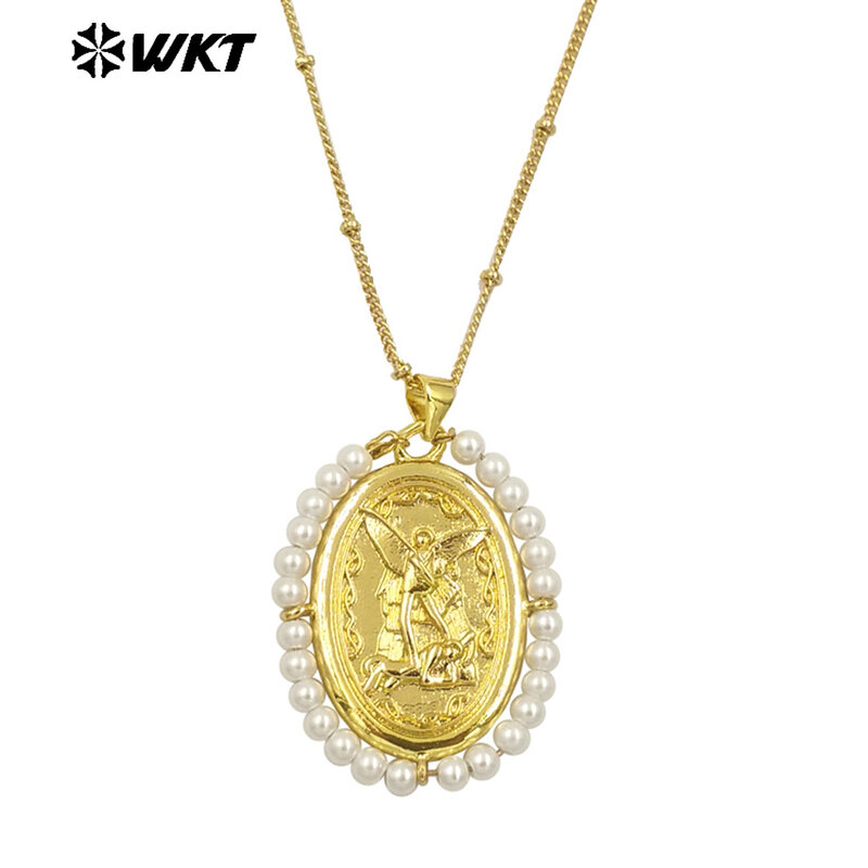 WT-MN990 Fashion Women 18K Real Gold Plated Oval Shape Crystal Wire Wrapped Guardian Angel Necklace For Chritian