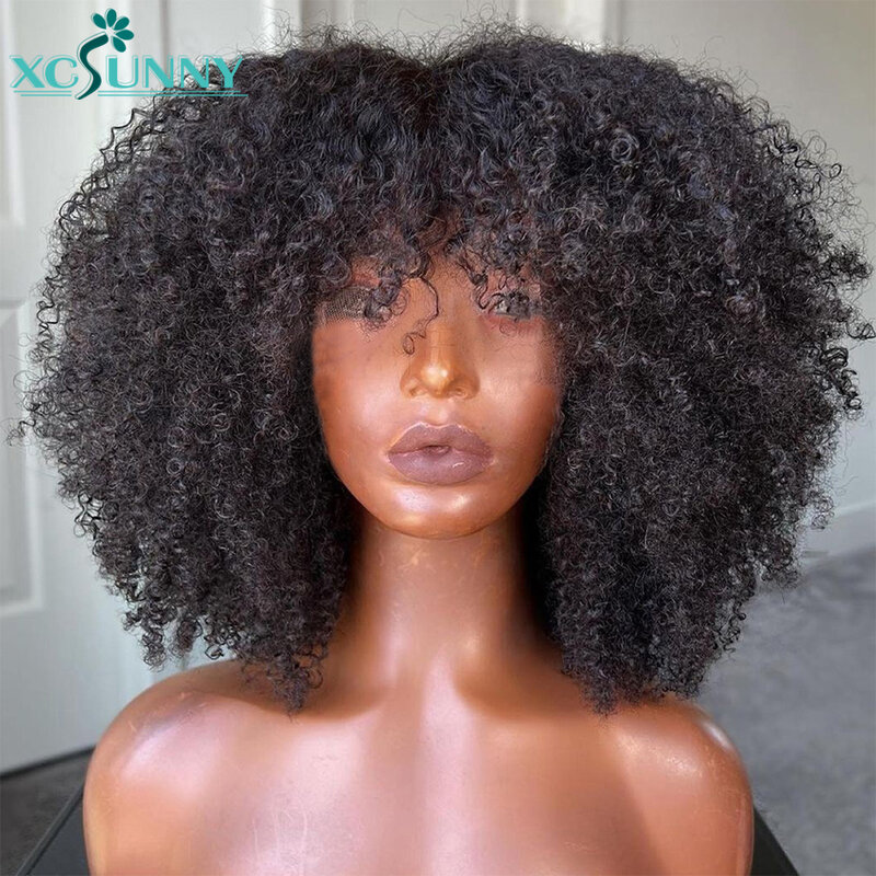 Afro kinky encaracolado peruca com franja máquina feita peruca superior do couro cabeludo 200 densidade remy brasileiro curto encaracolado bang peruca cabelo humano xcsunny