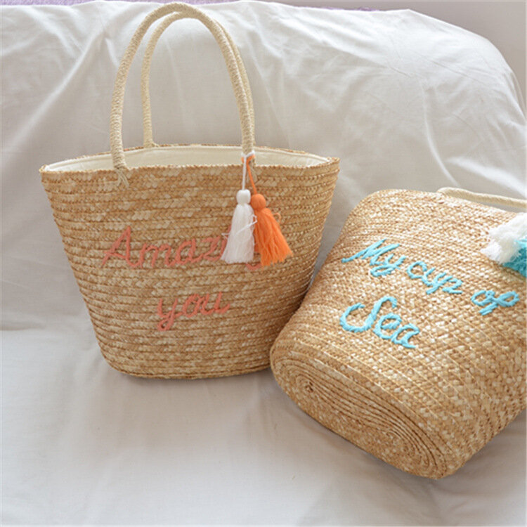 Na co dzień torby ze słomy z frędzlami rattanowe torebki damskie wiklinowe tkane torby na ramię torby o dużej pojemności torba wiadro letnie torebki plażowe