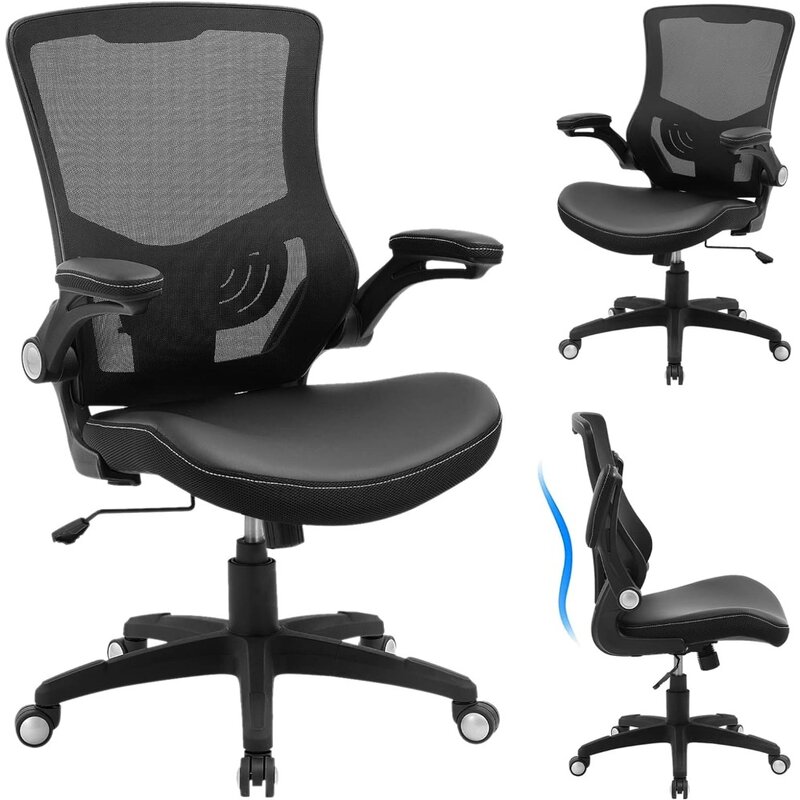 Silla ergonómica de escritorio para el hogar, sillón de oficina de cuero PU para ordenador, espalda giratoria de malla, soporte Lumbar ajustable, abatible hacia arriba