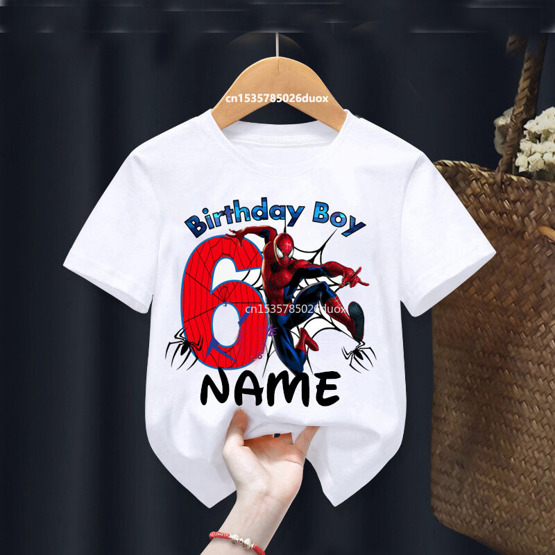 Zomer 2024 Kid 2 3 4 5 6 7 8 Marvel Spiderman Meisje Verjaardag Korte Mouw Shirt Spiderman Personaliseren Naam Birthday Boy T-Shirt