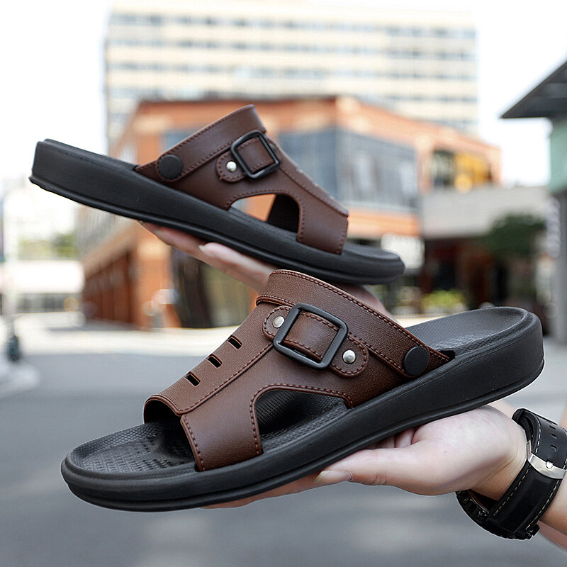 Sandales classiques souples en cuir véritable pour hommes, pantoufles confortables, chaussures d'été, sandales de plage confortables, tongs de rencontre en plein air