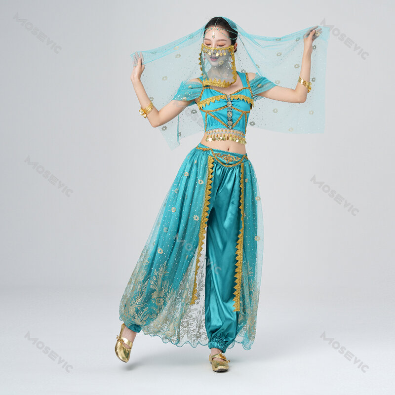 Women's Belly Dance Halloween Performance Costumes Pants Suit Aladdin Jasmine Princess Dress Up Party Clothes Dancing Outfit