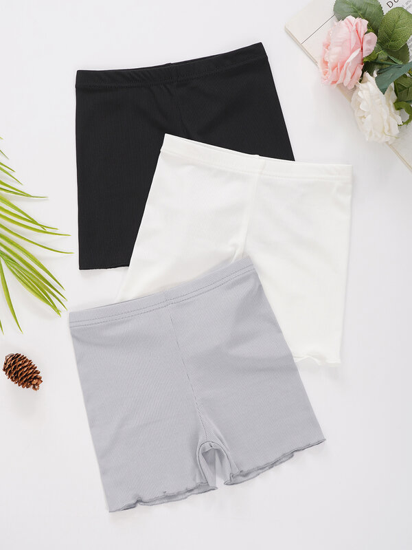 3Pcs/Set Summer Kids Girls Shorts Solid Color Elastic High Waist Ribbed Short Pants Underwear Nightwear Casual Clothes Homewear
