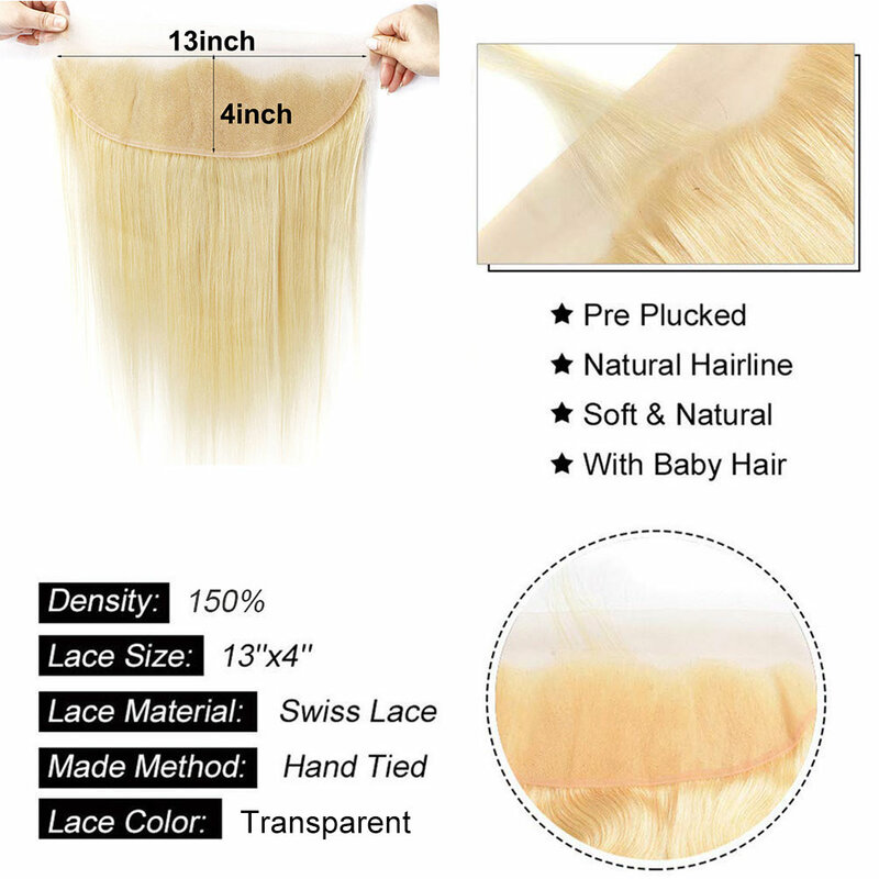 613 Blonde 13x6 Lace Frontal Closure 100% Human Hair 13x4 Transparent Lace Frontal  Blonde Human Hair 4x4 Lace Closure Free Part