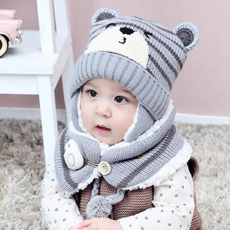 Unisex Cartoon Stripe Knit Cap e cachecol Set, chapéu de urso, quente, bebê, crianças, Earmuff, inverno