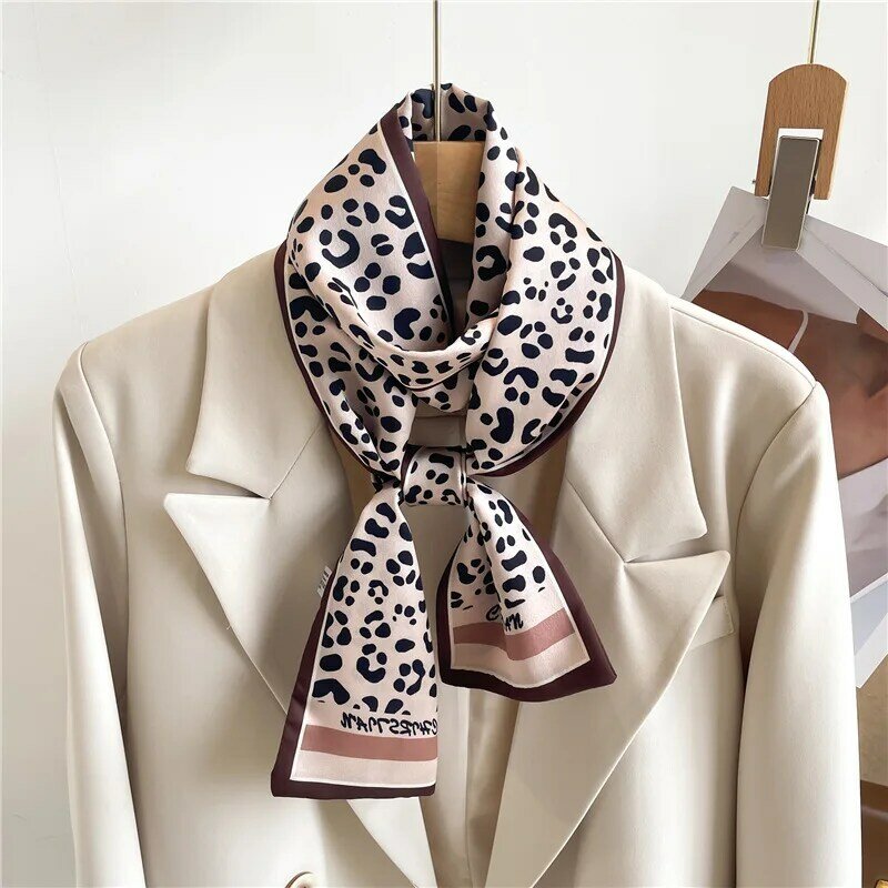 Lenço de seda com estampa leopardo feminino, pescoço fino, cachecóis longos, xale estreito para senhora do escritório, faixas femininas magras, moda luxuosa