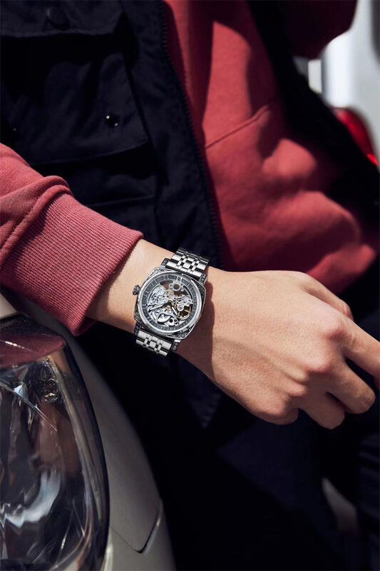 Спортивные мужские часы со стальным ремешком, механические часы, дизайнерские деловые наручные часы-скелетоны