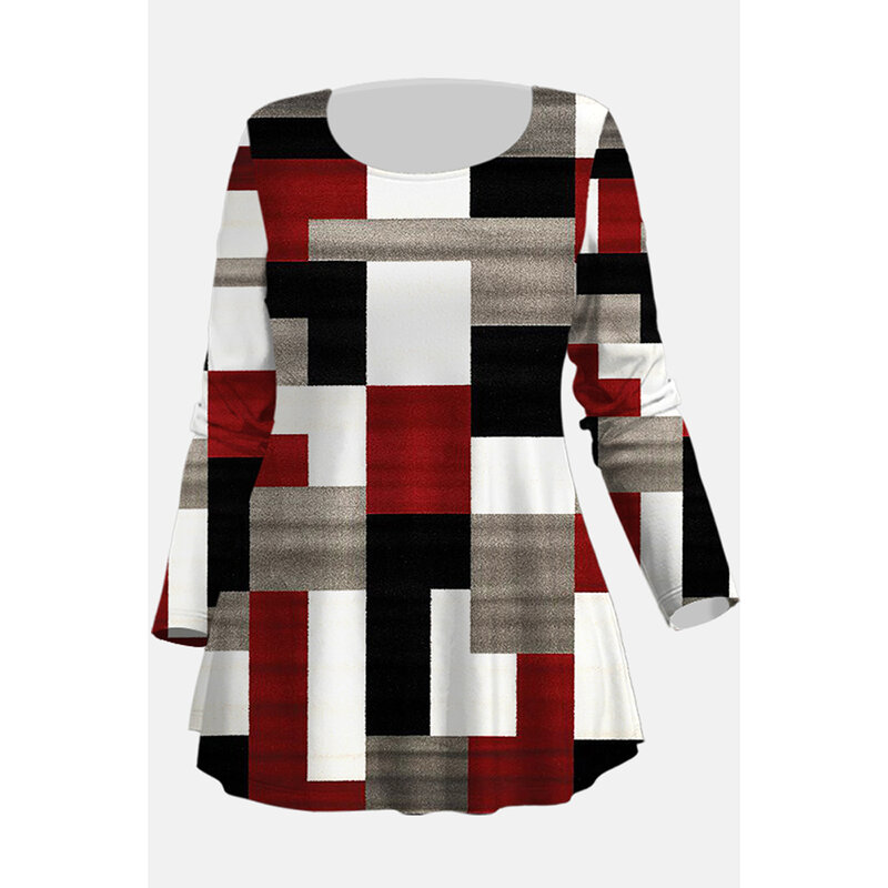 Camisa diária solta com pescoço redondo para mulheres, plus size, bloco de cores, impressa, casual, pendulares