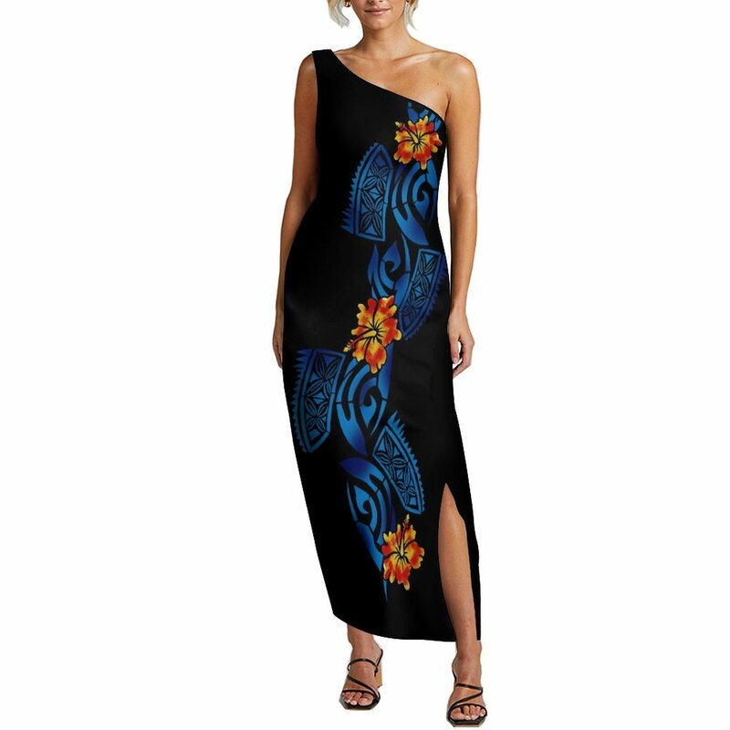 Hot Selling Polynesian Tribal Dress Oblique Shoulder Short Sleeve Party Club Dress Plus Size Women Dress
