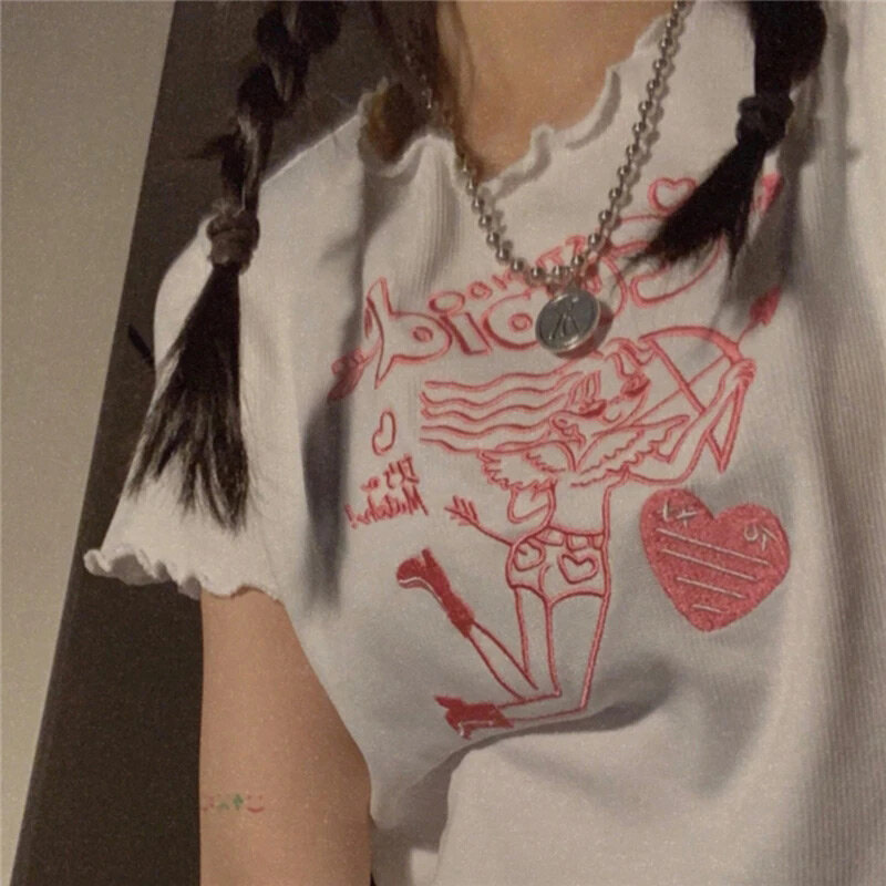 Женская футболка с коротким рукавом, винтажный укороченный топ в стиле Харадзюку с принтом ангела в стиле 90-х
