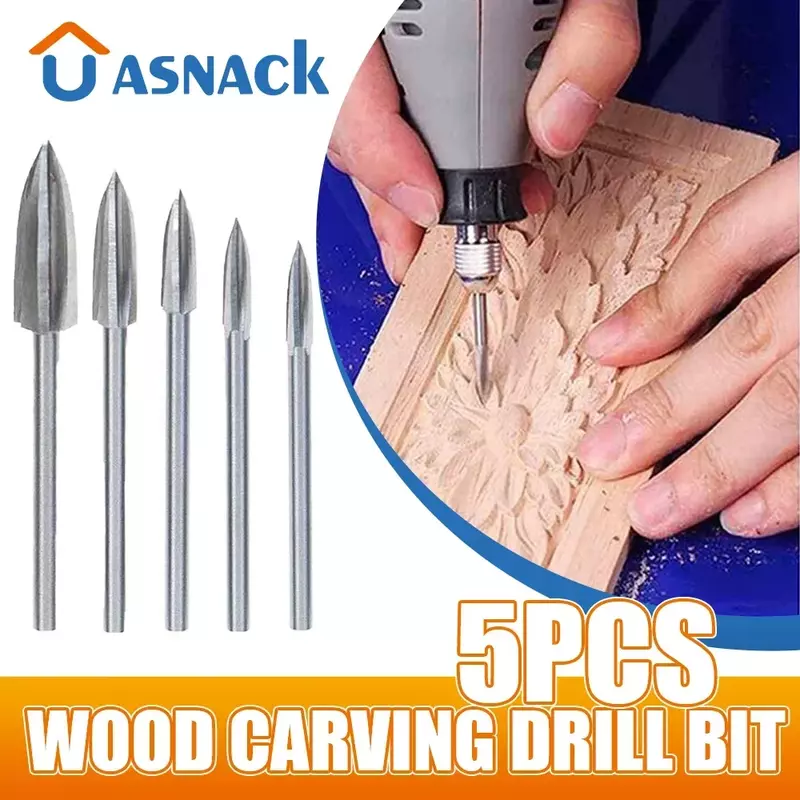5Pcs Wood Carving Drill Bit HSS Engraving Drill Bit Set Solid Carbide Root Milling Grinder Burr Precise Woodworking Carve Tools