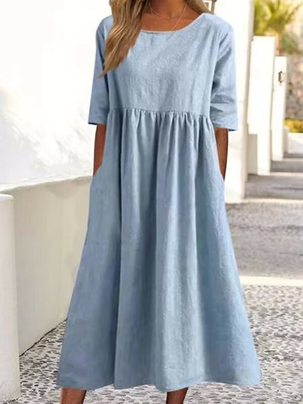 Women's Solid Color Cotton Linen Casual Short Sleeve Pocket Pleated Loose Round Neck Dresses