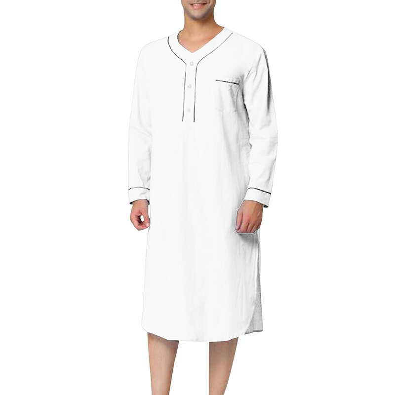 Robe de linho com decote em v masculino, enrolado, manga curta, sólido, vestido longo noturno, camisa solta casual, kaftan thobe com bolso