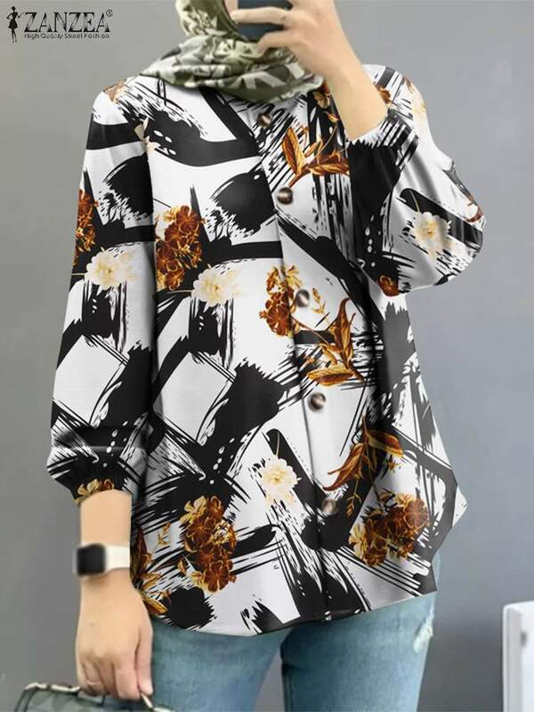 2023 Осенняя Рабочая Рубашка ZANZEA с длинным рукавом, винтажная женская мусульманская блузка с цветочным принтом, одежда в исламском стиле, повседневные топы на пуговицах