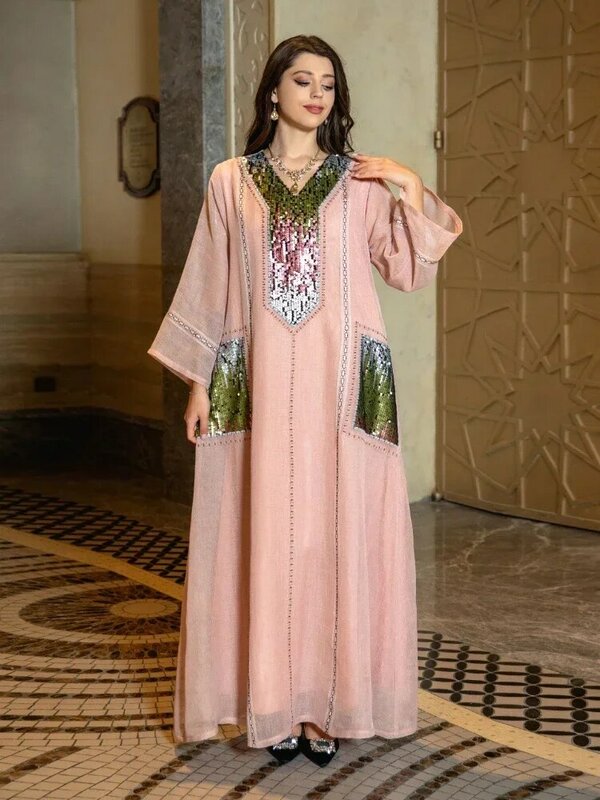 Eid vestido de fiesta musulmán para mujer, con lentejuelas Abaya, Maxi Vestidos largos de noche, Jalabiya, Marruecos, Dubai, Abayas, caftán, bata larga