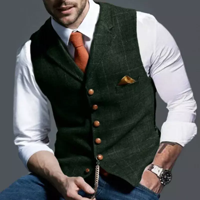 Męska kamizelka garnitur Retro modna w kratę klapa kamizelka jednorzędowa z kieszonkowym biznesowym formalna kamizelka na co dzień