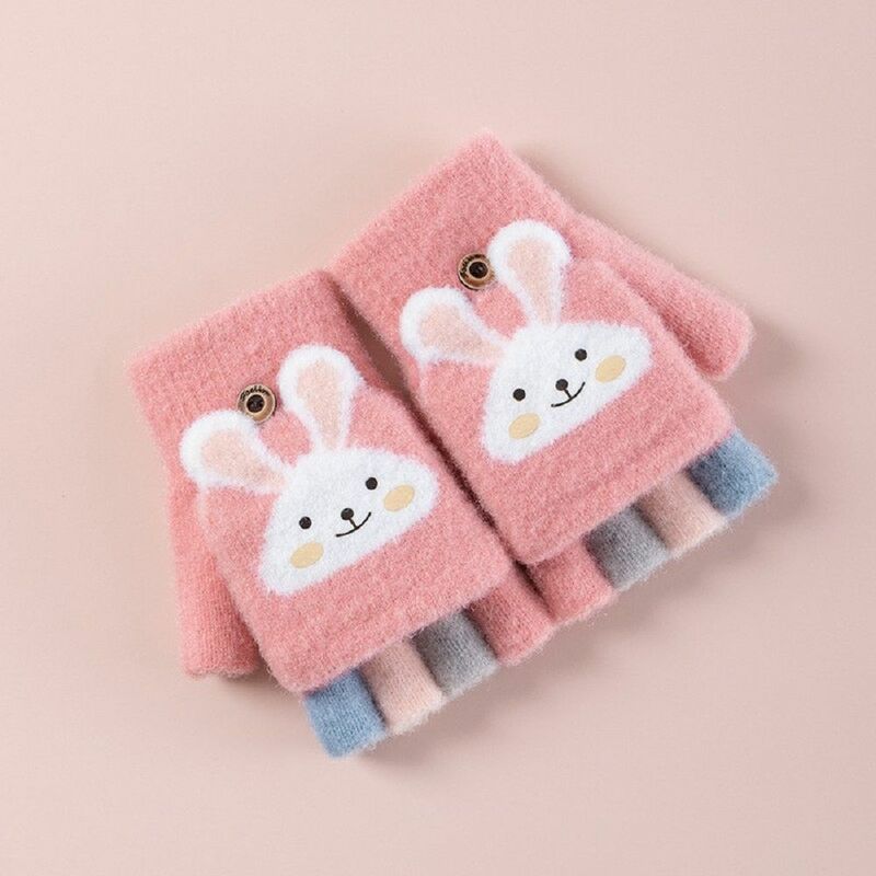 Half Finger Flip Gloves Kids Fingerless Gloves Knitted Gloves Rabbit Pattern Kids Plush Gloves Cartoon Design Cold Protection