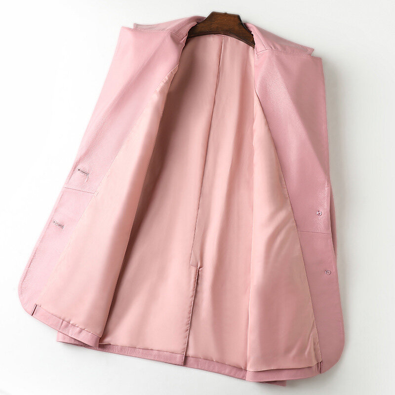 Jaket Blazer kulit domba untuk wanita, jaket Blazer kulit domba baru 2024, jaket kasual berkancing sebaris warna merah muda untuk wanita
