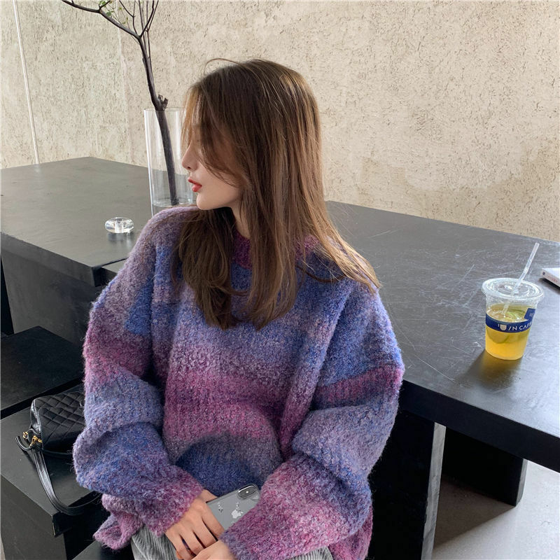 Женский вязаный свитер в стиле ретро, толстый свободный свитер в японском стиле, женская верхняя одежда для ленивых, новый зимний свитер с градиентной окраской