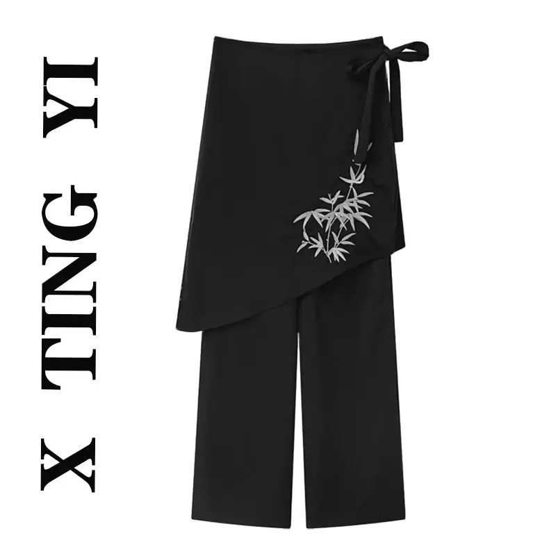 Celana panjang kasual gaya Tiongkok, celana panjang kasual hitam pinggang tinggi musim panas gaya nasional Retro