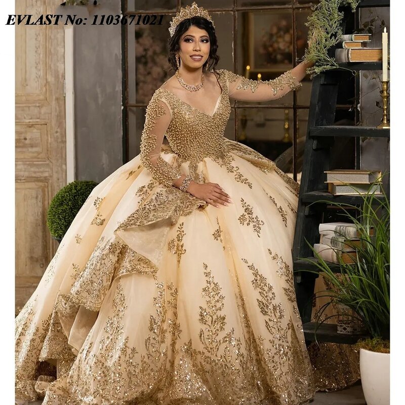 EVLAST Gold Pearls Beading Mexican Quinceanera Dress Ball Gown Long Sleeve Tiered Appliques Corset Vestidos De XV Anos SQ308