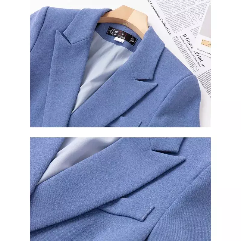 Blazer bleu à manches longues pour femmes, veste à simple boutonnage, manteau formel, monochromatique, vêtements de travail d'affaires, haute qualité