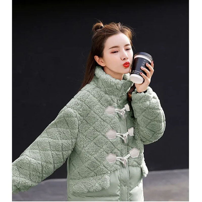 Winter 2023 New Cashmere-like Coat Was Spliced With Cotton-Padded Clothes Horn Buckle Was Added With Warm Casual Overcoat