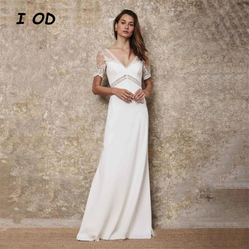 I OD Elegant V-Neck Wedding Dress Applique Short Sleeves Backless Illusion Bridal Gown Button Floor Length Vestidos De Novia New