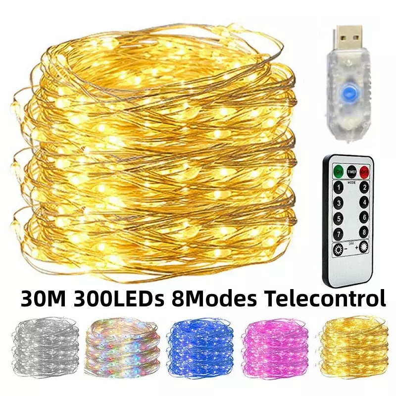 Cable de cobre con Control remoto USB, cuerda de luz de bajo voltaje, 10M/20M/30M, 300Led, 8 funciones, navidad