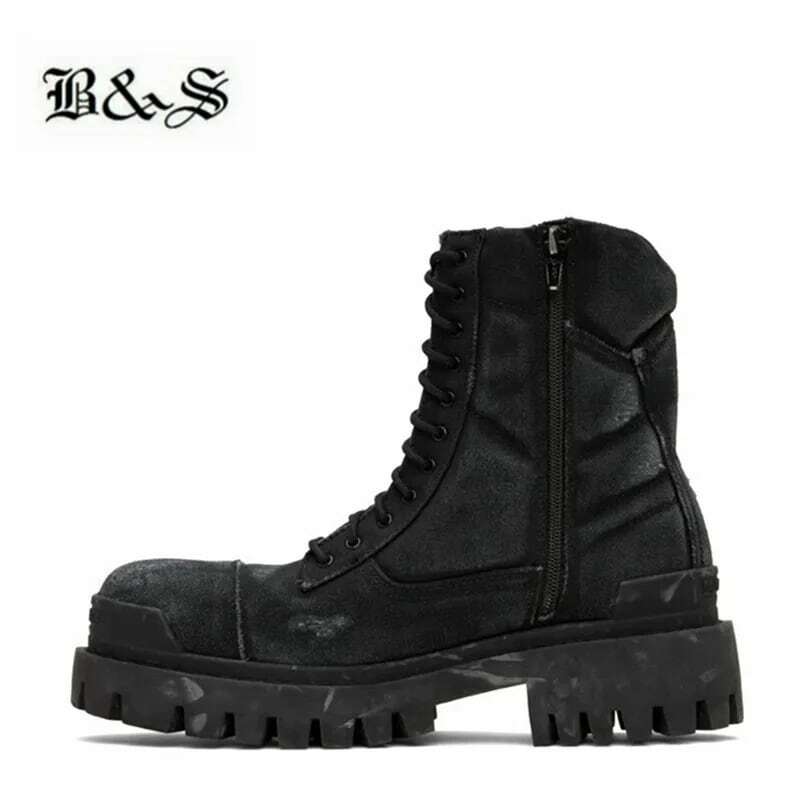 Black & Street-Big Toe Grosso Sole Retro Canvas Boots, Botas de Motor personalizadas, Designer Ankle Tooling Boot
