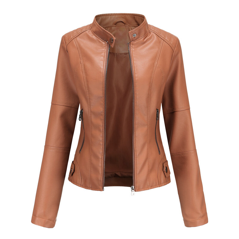 European Size Women's Pu Leather Jacket Slim-Fit Spring and Autumn Coat Motorcycle Jacket Large Size Standing Collar