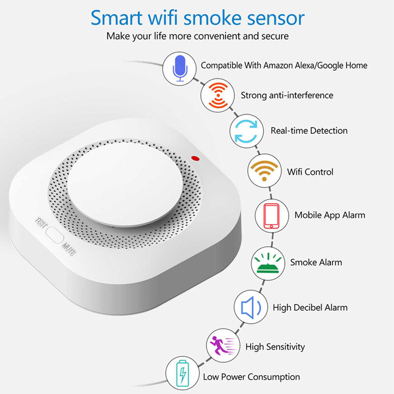Smart Fire Sensing APP Push Detector com controle remoto, Graffiti Smoke Detection Alarm, Anti-Interference Siren, Alexa, Forte