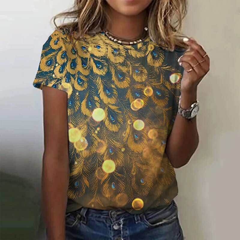 T-shirt décontracté à manches courtes et col rond pour femmes, plumes de paon imprimées en 3D, vêtements de rue à la mode, été