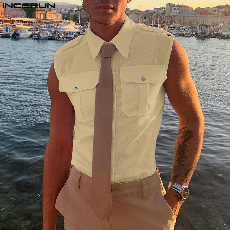 INCERUN Men Shirt Solid Color Lapel Sleeveless Button Summer Casual Men Clothing Cotton Streetwear 2024 Breathable Camisas S-5XL
